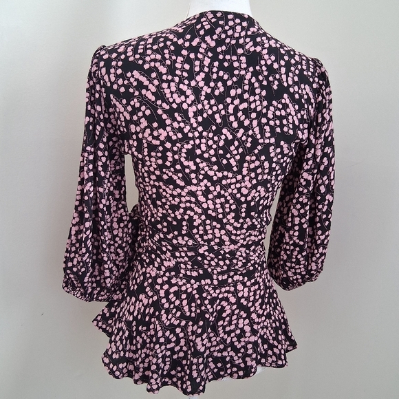 Ganni Floral Flounce Pink and Black Wrap Blouse Size 32, U.S XS - Picture 4 of 10
